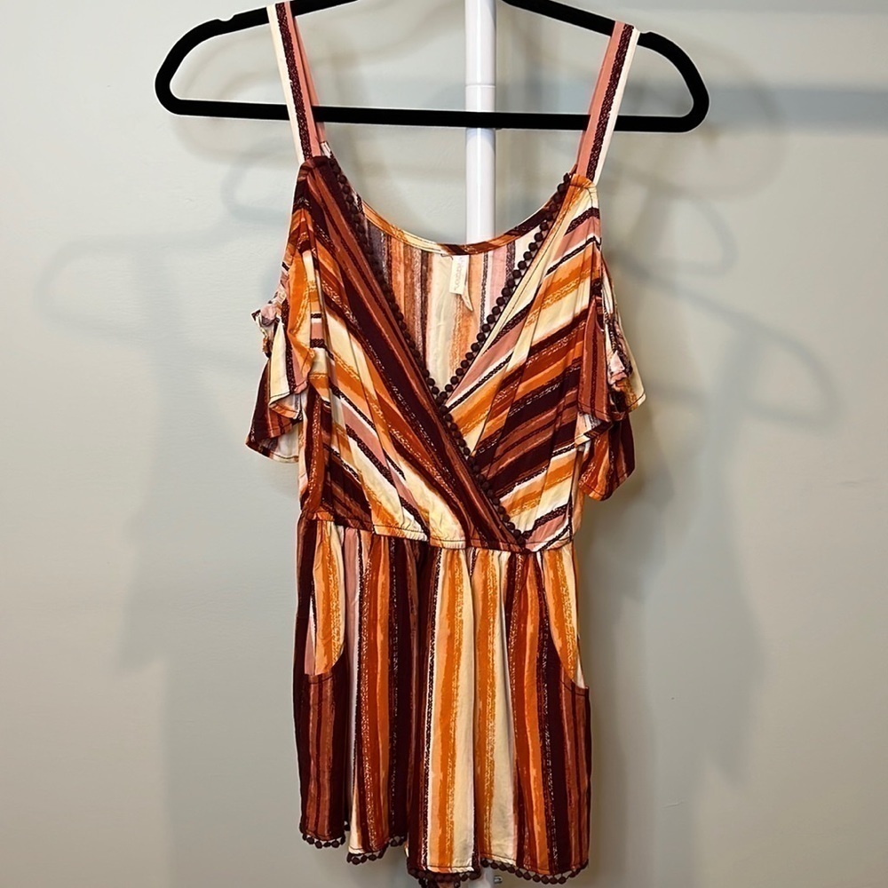 Women’s XHILARATION Romper Striped Cold Shoulder with Pom-Pom Trim & Pockets